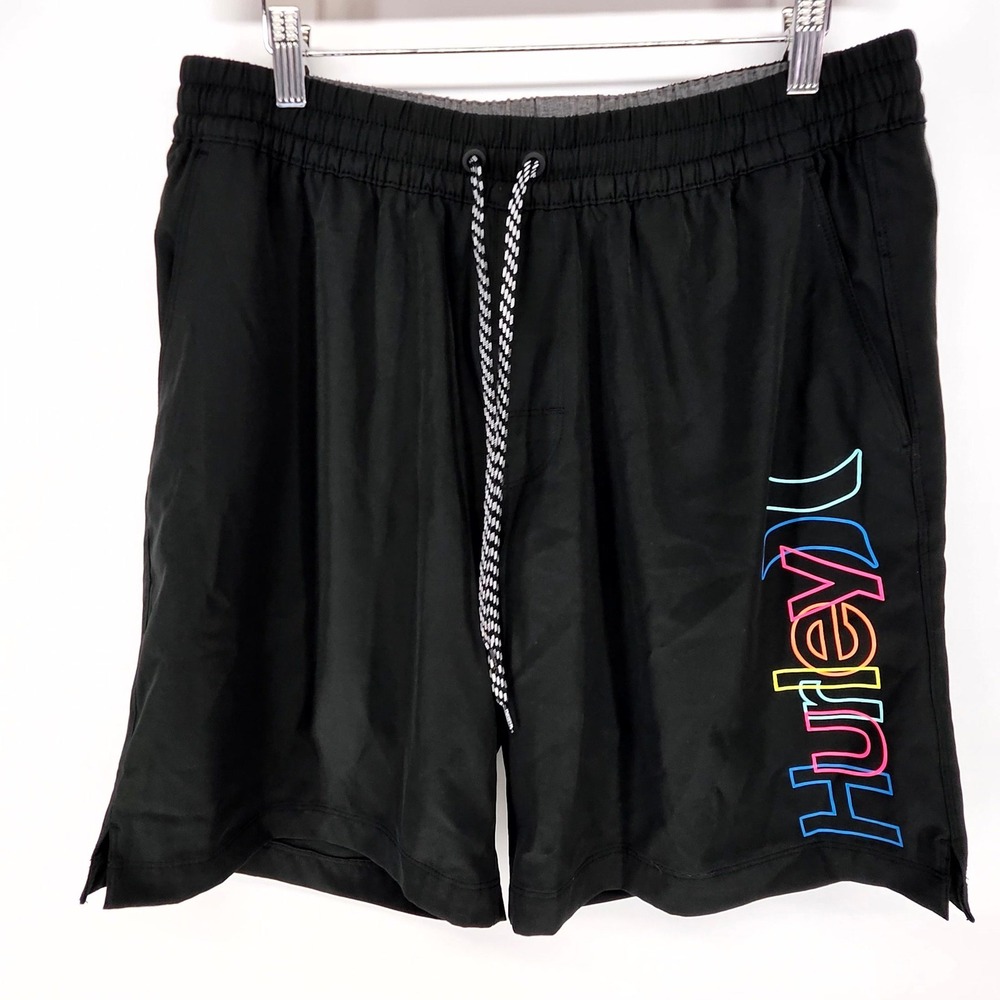 Hurley Swim Trunks Mens Large Black Rainbow Logo Board Shorts Beach Surf